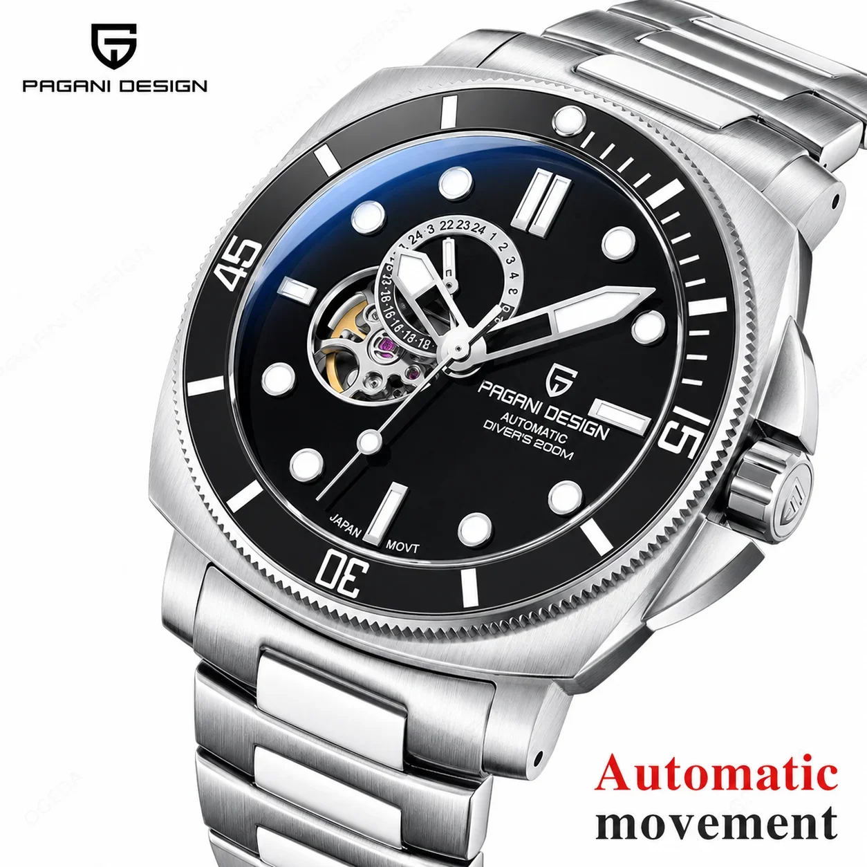 PAGANI DESIGN Men's Automatic Watch Mechanical Men Watches Sapphire Crystal 316L Steel Sky Blue Dial Luxury Sport Watch