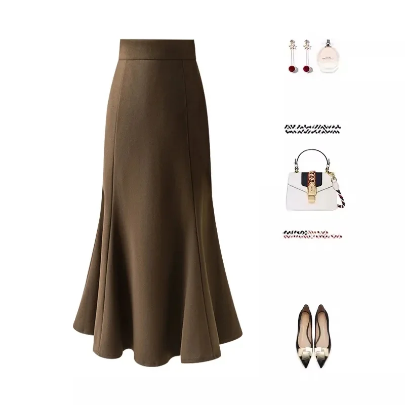 Autumn Female New Solid Color Suit Maxi Skirs French Lady High Waist Fishtail Long Skirt Women Fashion Mid Length A-line Skirts
