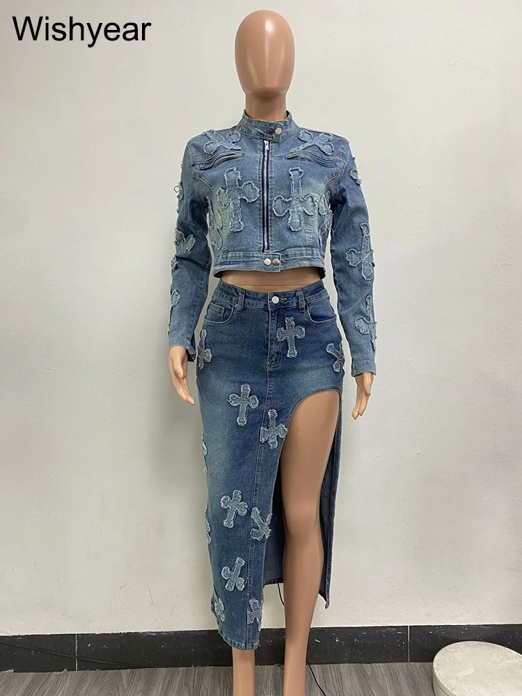 Women Long Sleeve Zipper Jackets Crop Tops and Side Split Maxi Pencil Skirts Two Piece Skirt Set Tassel Embroidery Denim Suits