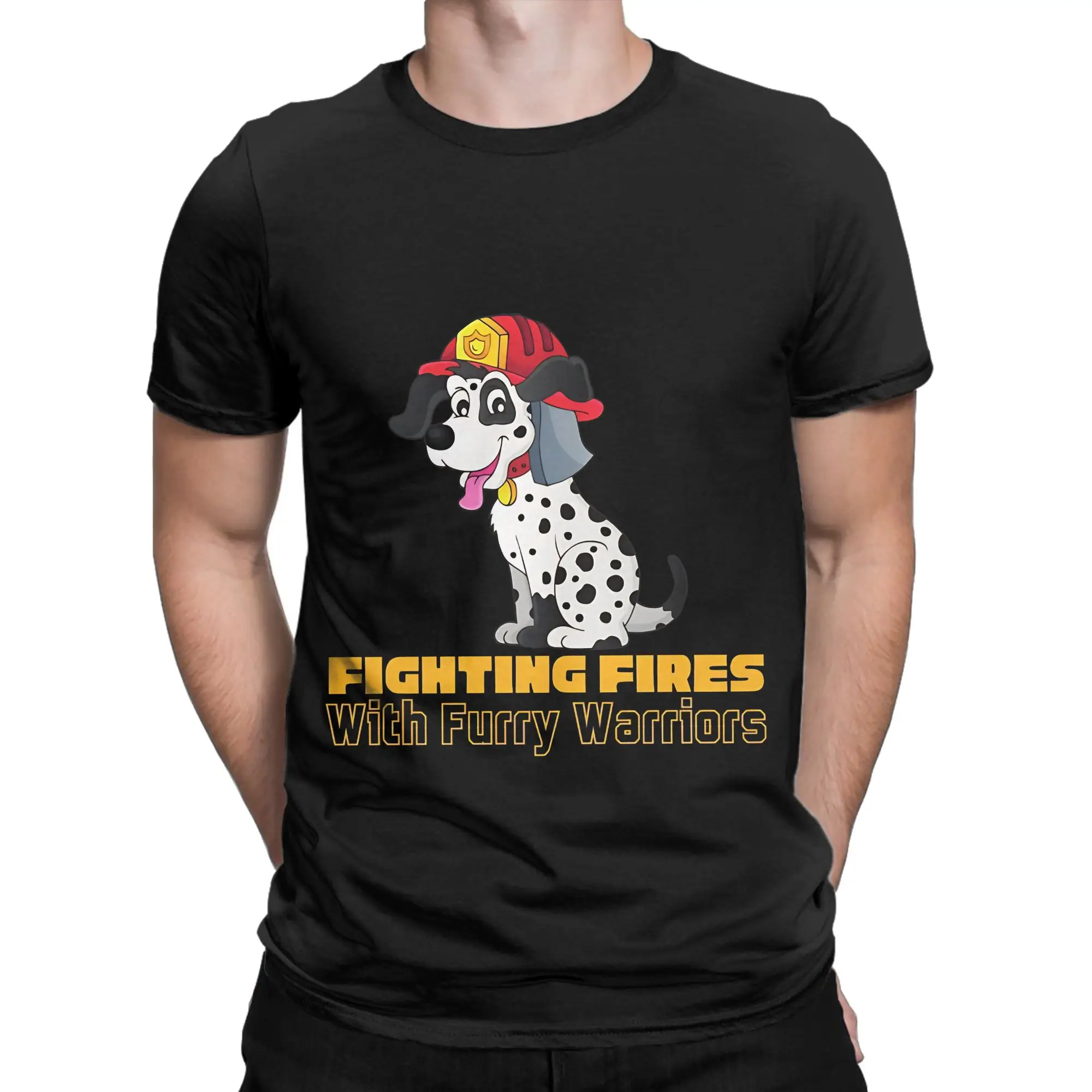 Fighting Fires With Furry  Funny 100% Cotton T-Shirt Sparky the Fire Dog Tees Tops For Men