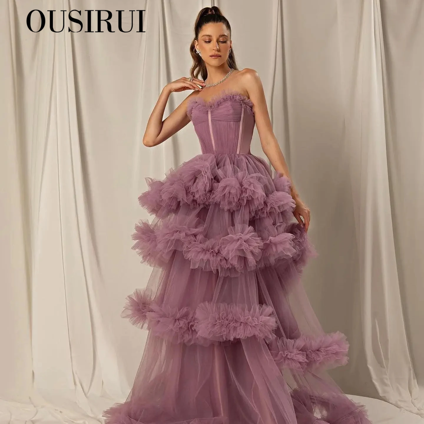 OUSIRUI Burgundy Tulle Tiered Ruffles Evening Dresses with Gloves Pink Spaghetti Straps Wedding Party Gowns فساتين سهره