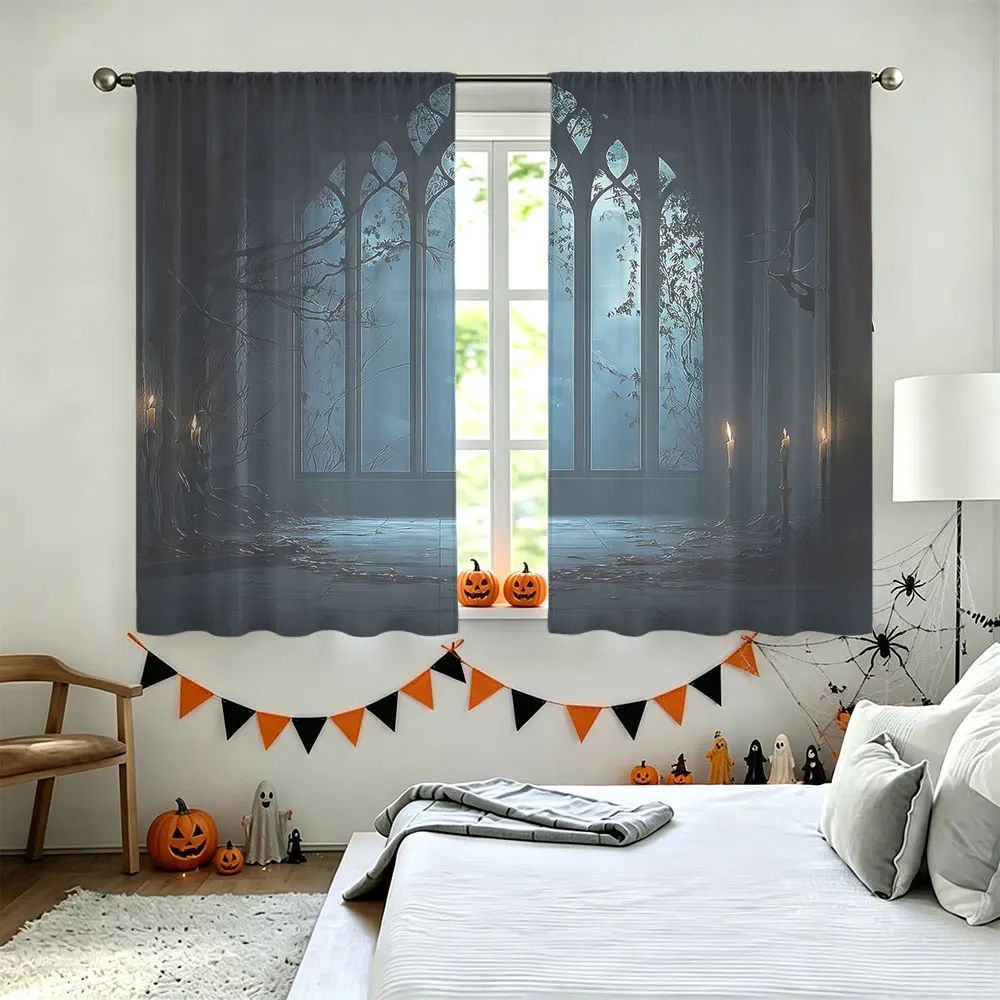 2Pcs Gothic Church Window View Print Rod Pocket Curtains, Light Blocking Privacy Window Curtains For Living Room Bedroom, Doo