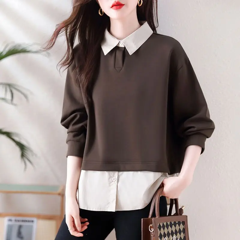 Korean Patchwork Contrast T Shirts Spring Autumn Long Sleeve Polo Neck Loose Vintage Hoodies Top Fashion Casual Women Clothing