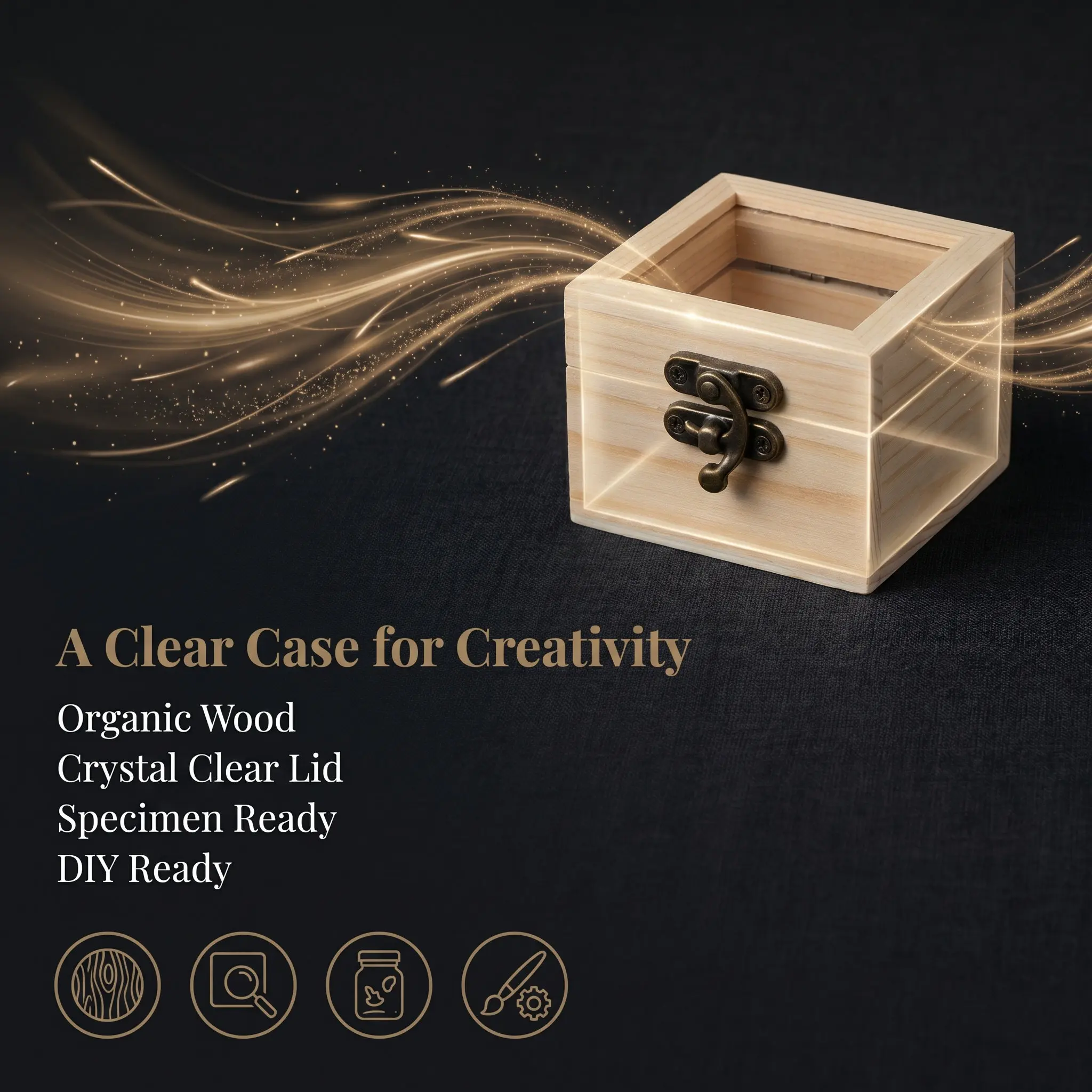 2Pcs Specimen Storage Box Natural Wood Clear Lid Square Storage Case for Insect Rock Jewelry Display Collection