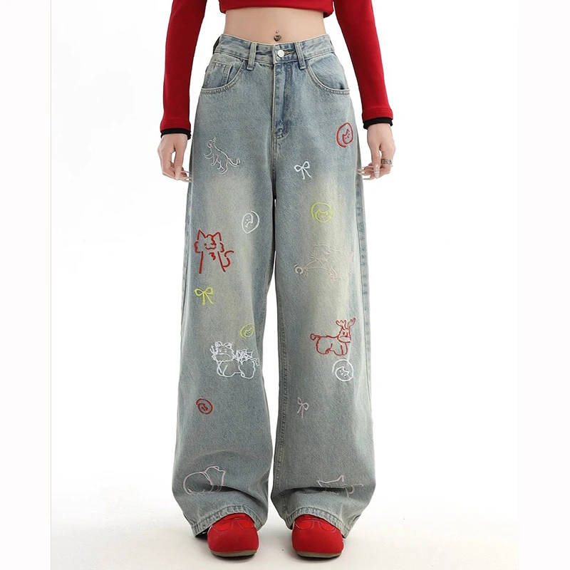 

Женские милые джинсы с высокой талией и мультяшным принтом, женские корейские удобные широкие джинсовые брюки, шикарные мешковатые повседневные брюки для девочек