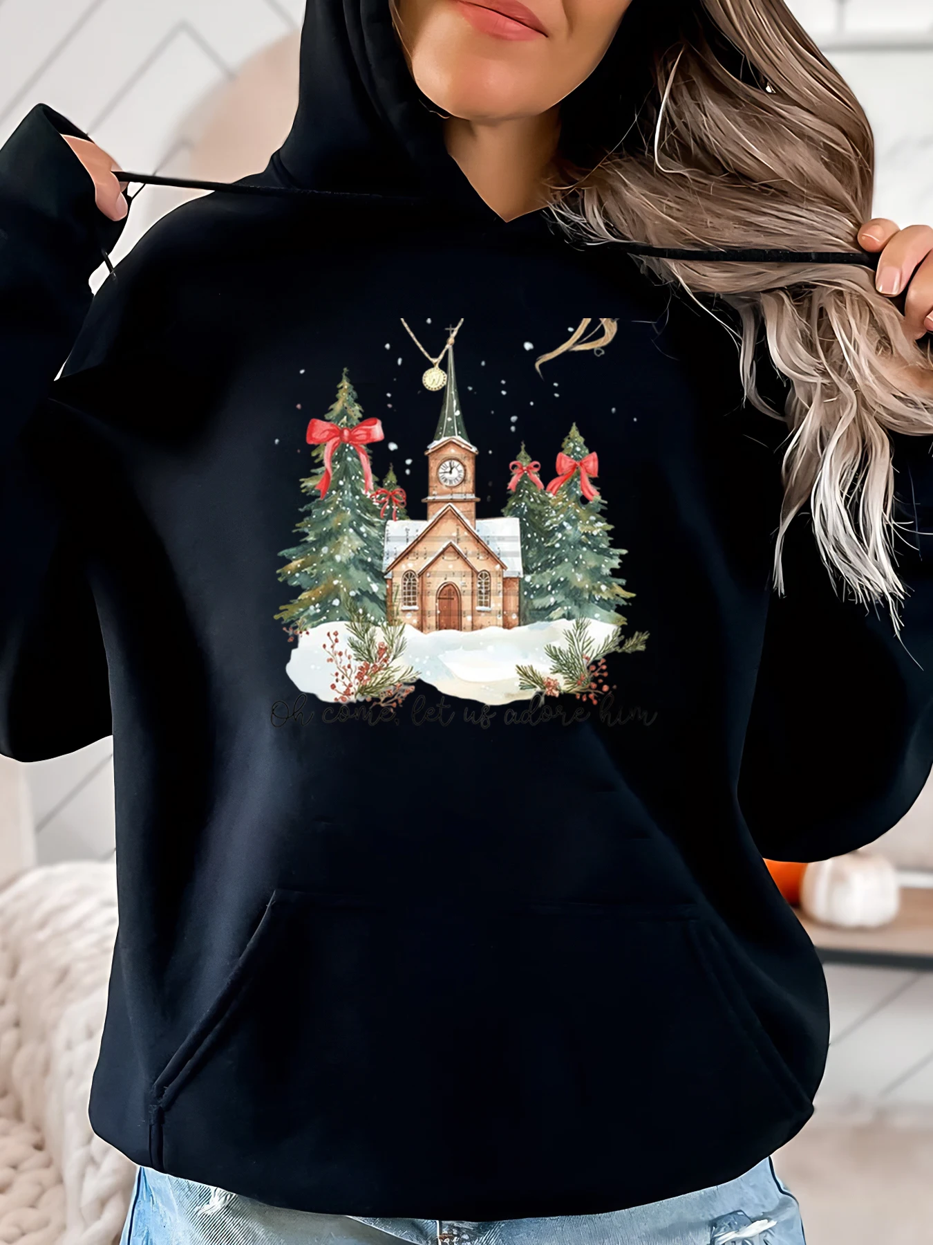 

Christmas Church Scene Print Holiday Hoodie Women Casual Winter Wear Black Plus-Size
