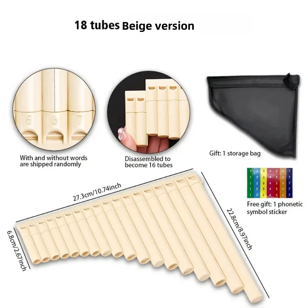 18-Tube Pan Flute,18 Pipe Panpipe,Disassemblable to 16-Tube,ABS Material,Easy to Play,for Performance,Teaching,and Practice
