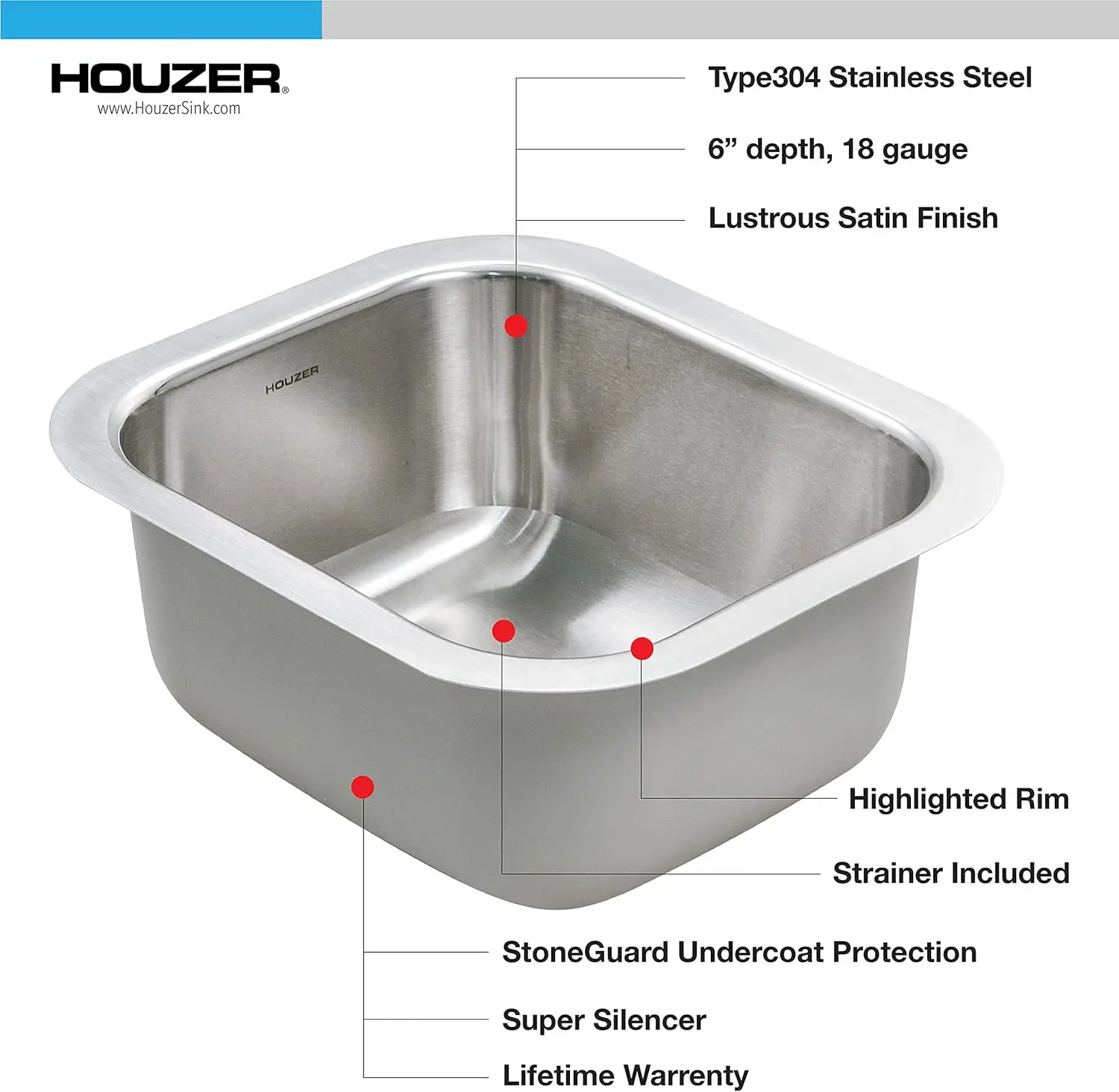 HOUZER CS-1307-1 Spüle, 12-3/8" x 14-13/16" x 6-1/4", Edelstahl