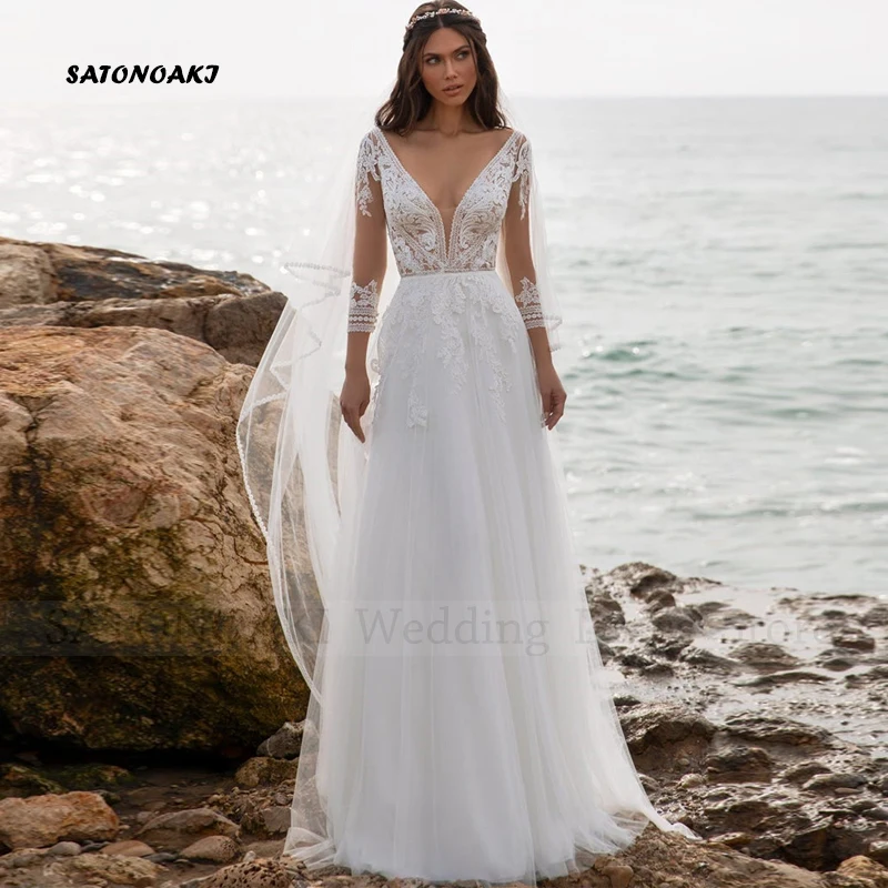 

Vestidos De Noiva Elegant Boho Wedding Dresses 2024 Long Sleeve V-Neck Lace Appliques Beach Bride Gown Robe Mariée Custom Made