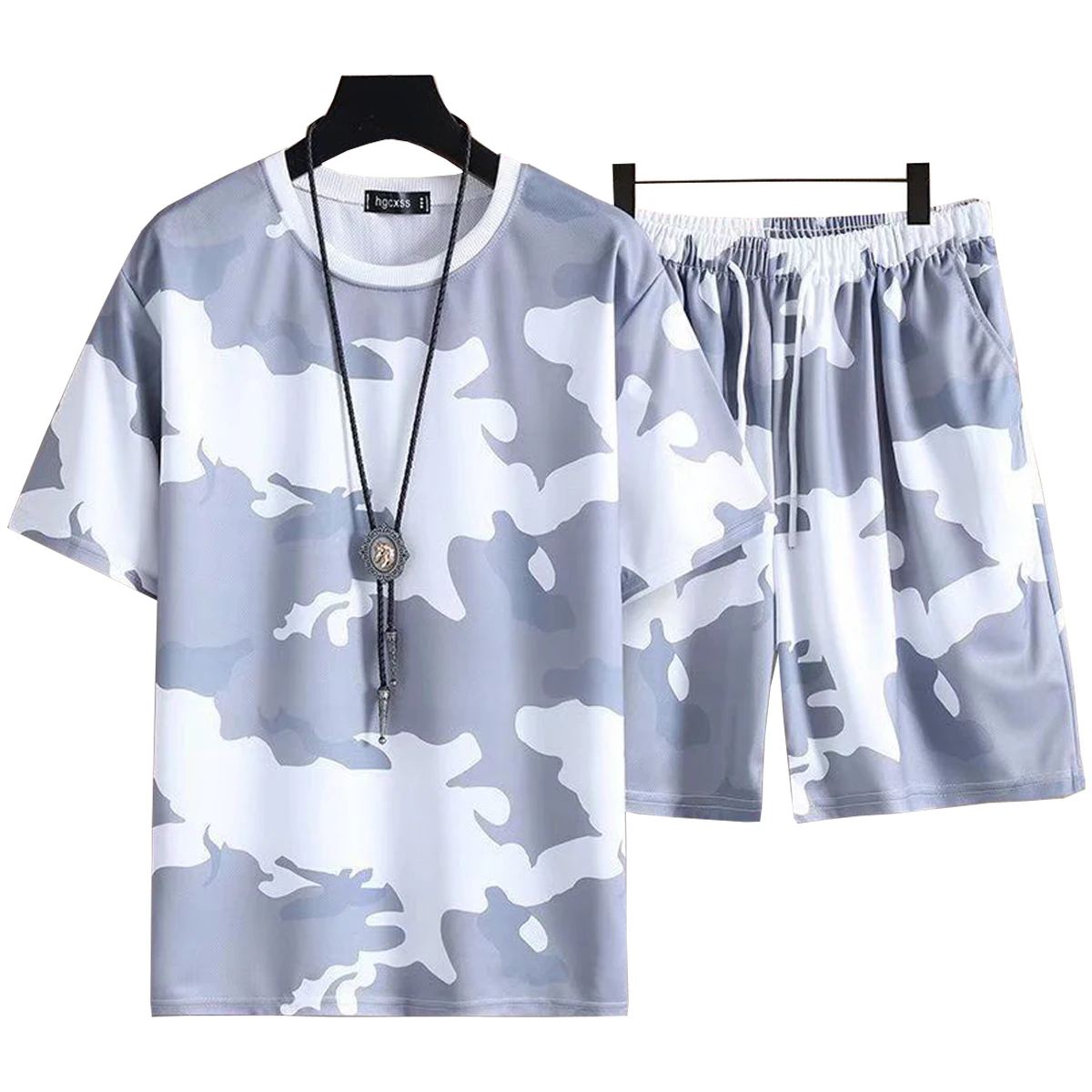 Men's Short Sleeved T-shirt Casual Shorts Set Round Neck Camouflage Pattern Spring Summer Sports Young Student Clothing
