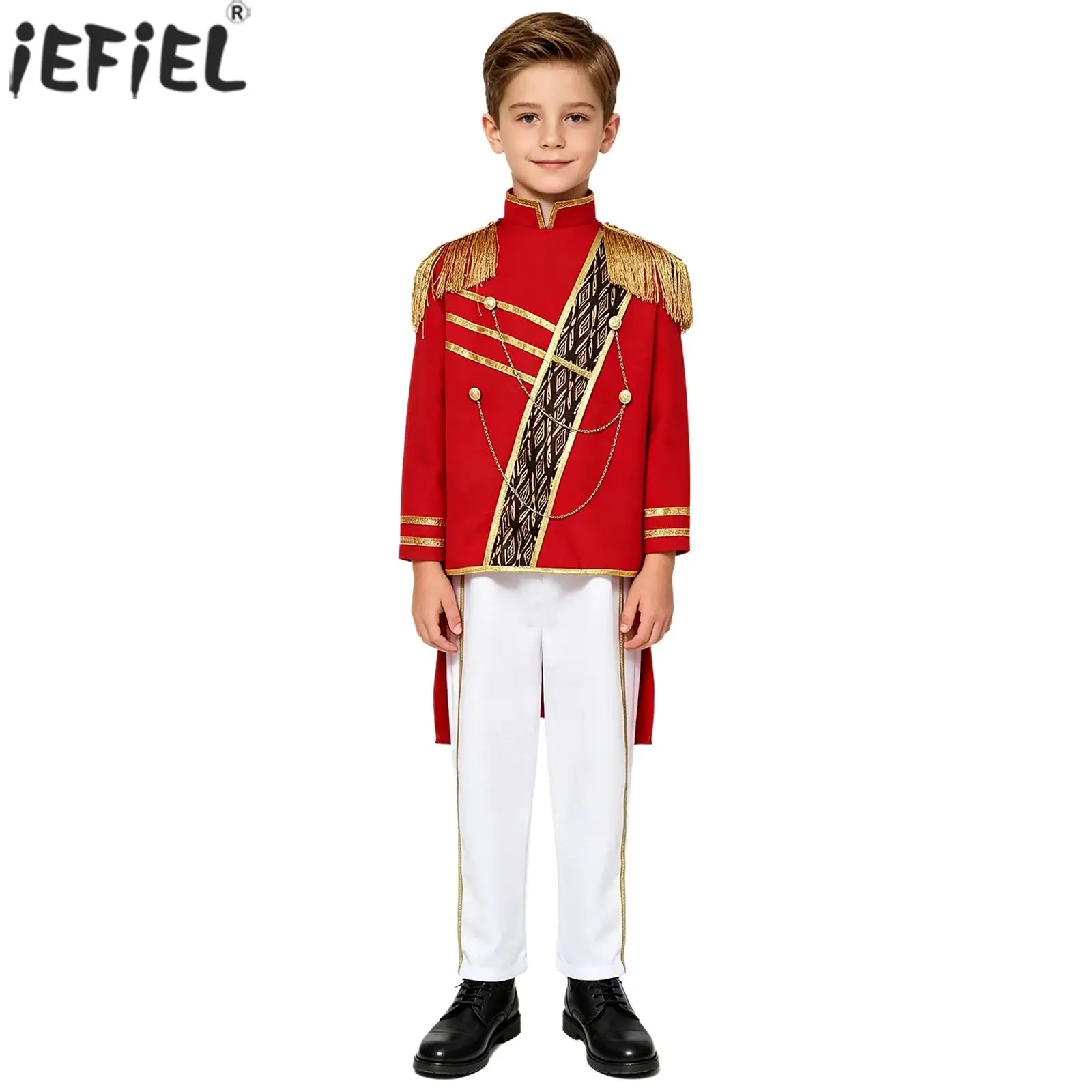 Kids Boys Court Honor Guard Uniform Drum Trumpet Marching Band Team Outfit Long Sleeve Tassel Epaulets Tailcoat Jacket And Pants