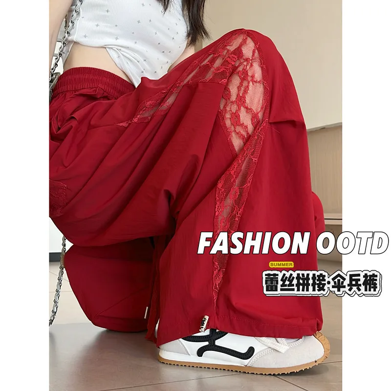 

Spring and Summer Thin Lace Overalls Women's 2026 New Hollow Splicing Loose Wide-leg Straight Pants Trousers
