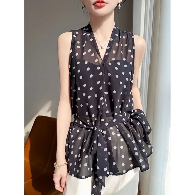 

Polka Dot Sleeveless Blouse With Tie Waist And V Neck For Women Elegant Summer Casual Style