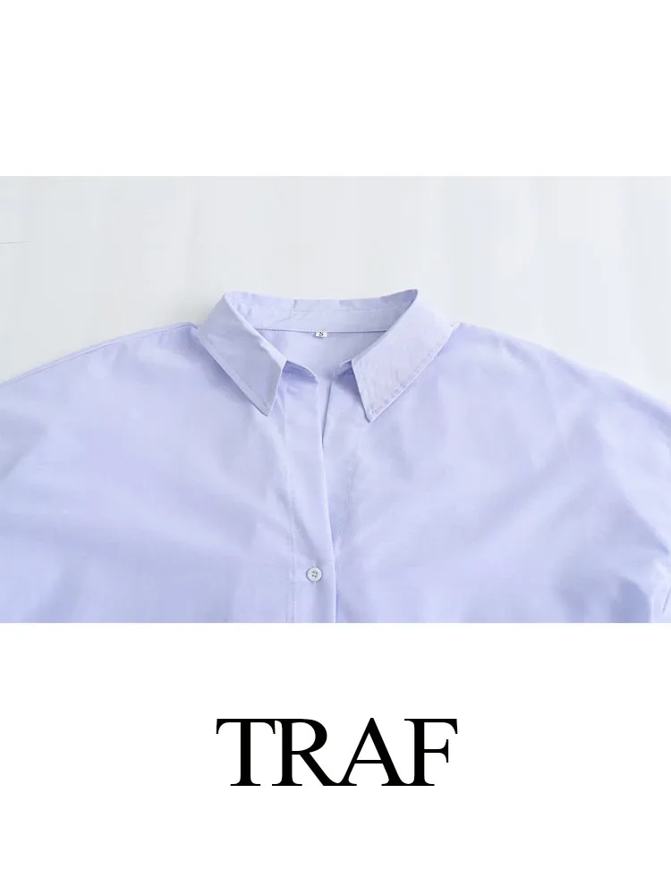 TRAF 2024 Women Casual Shirt Spring Blue Blouse Turn Down Long Sleeve Loose Single Breasted Shirts Female Chic Elegant Top