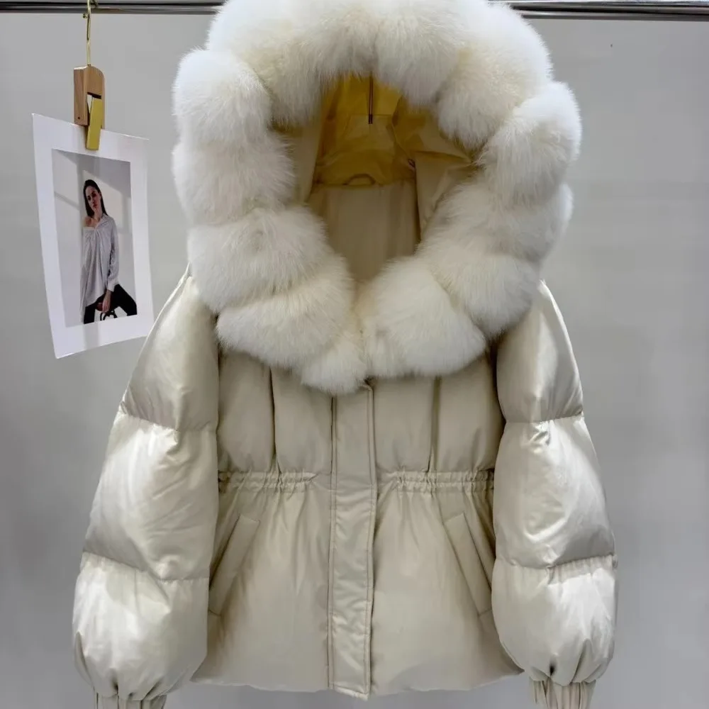 OFTBUY 90% White Duck Down Real Fox Fur Puffer Coat Drawstring Waist Winter Outerwear For Cold Weather Women Short Down Parka