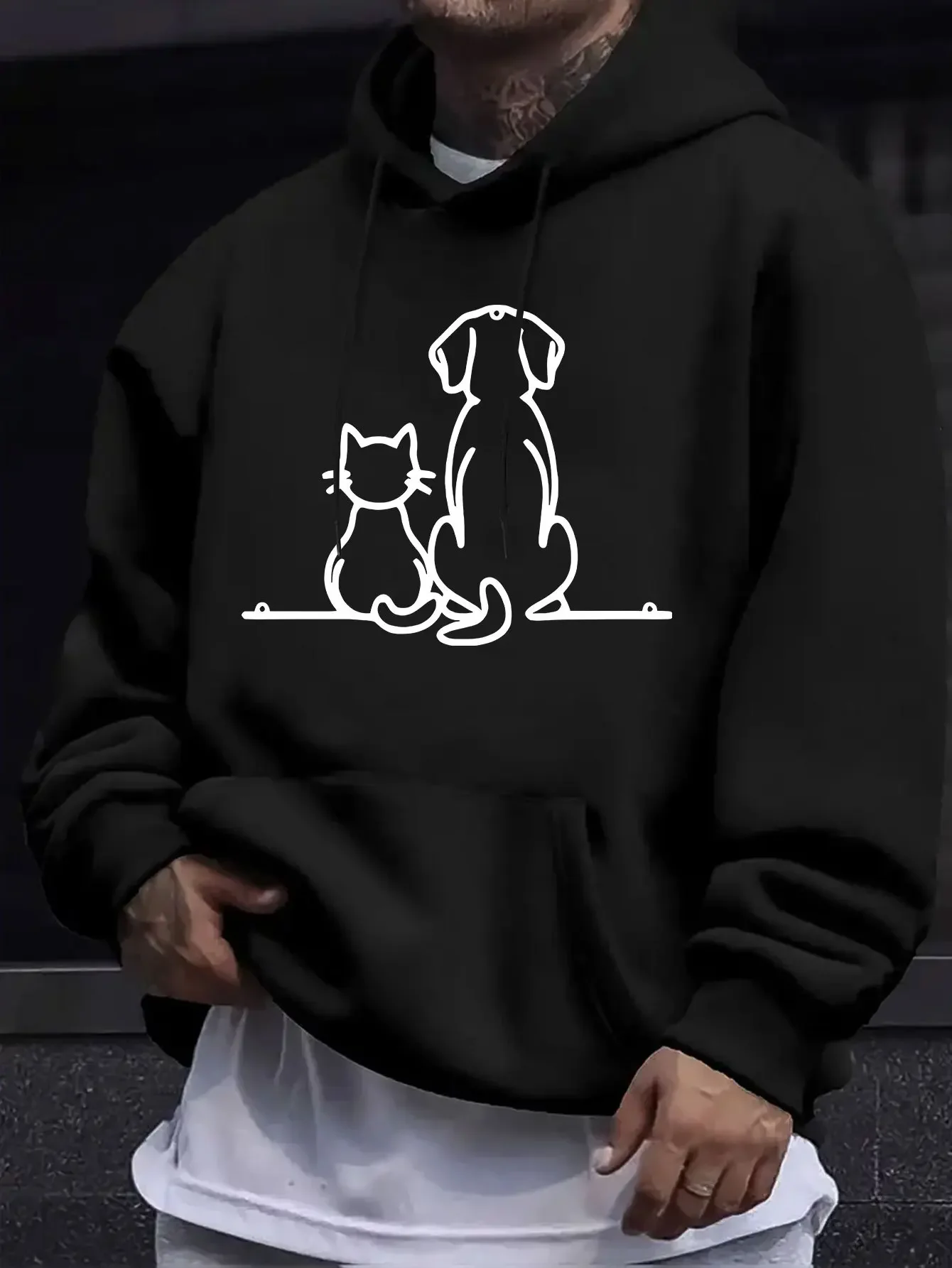 American/European Style Men's Autumn/Winter Printed Hoodie Long-Sleeve Sweatshirt Cat and Dog Silhouette Print Hooded Sweatshirt