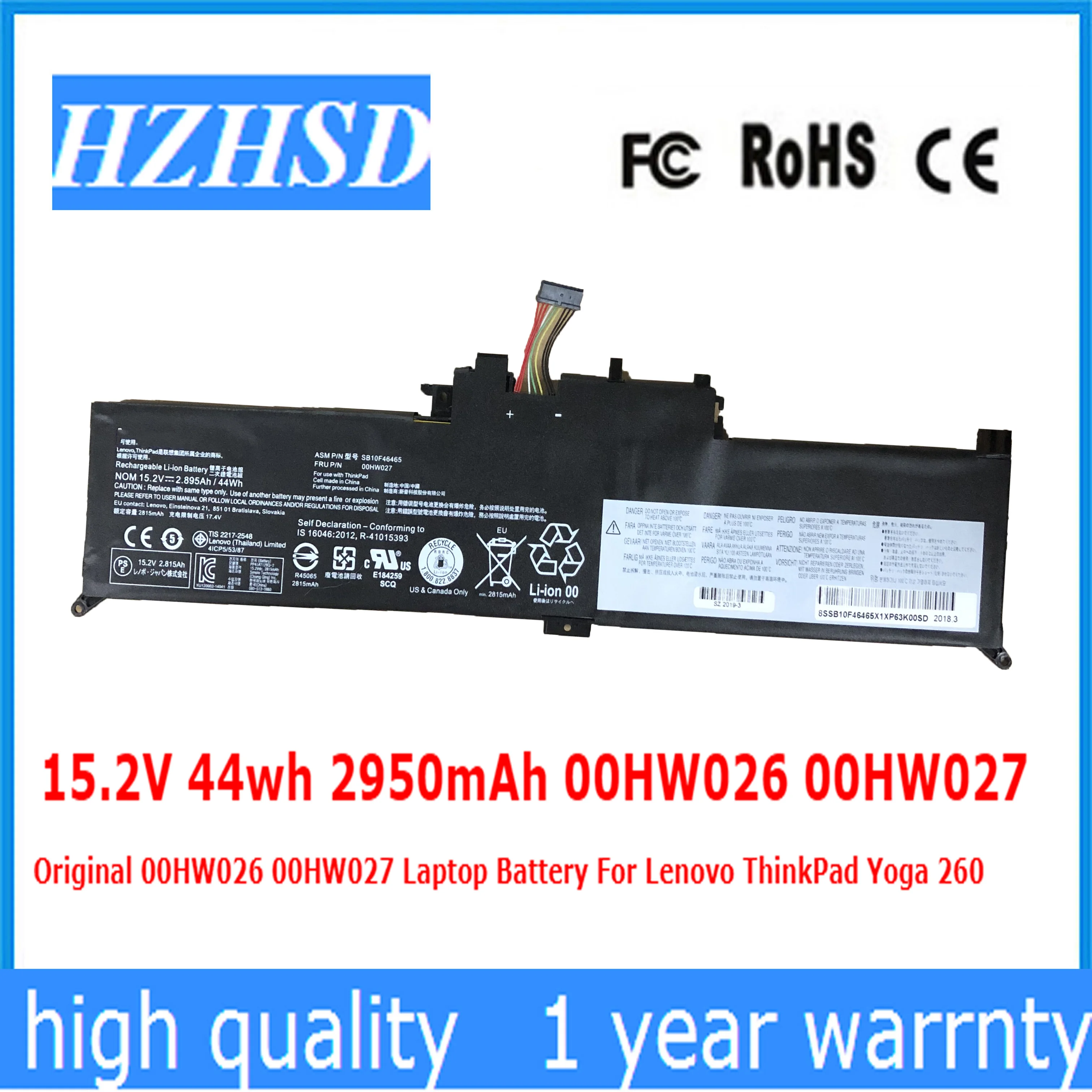 

15.2V 44wh 2950mAh 00HW026 00HW027 Original 00HW026 00HW027 Laptop Battery For Lenovo ThinkPad Yoga 260