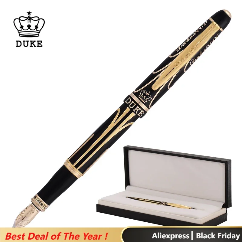 Duke Pioneer 14K/8K Gold Fountain Pen Advanced Chromed Beautiful Golden-Black Lines Fine Point 0.5mm & Gift Box for Collection