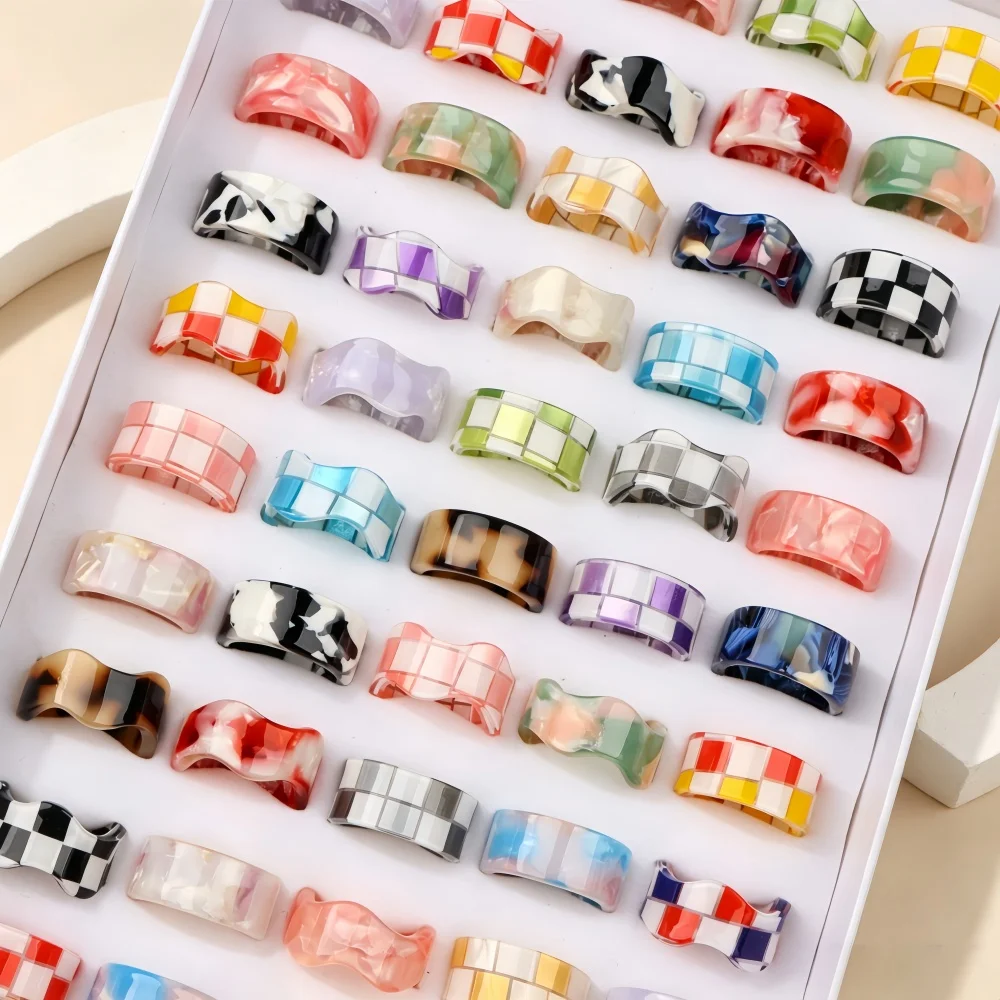 10/20/50Pcs Y2K Vintage Checkerboard Resin Wave Wide Rings For Women Geometric Stackable Mix Fashion Jewelry Daily Party Gifts