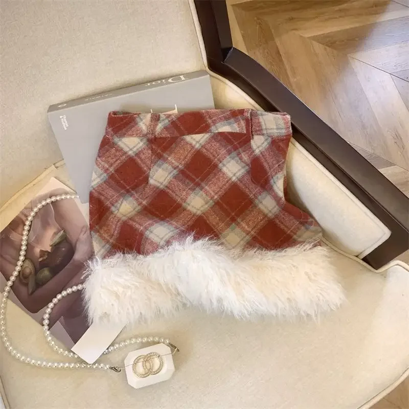 Nice Red Vintage Plaid Patchwork A-line Skirt Women Autumn Winter High Waist Skirts Women Clothing Winter Sweet Sexy Pocket Dres