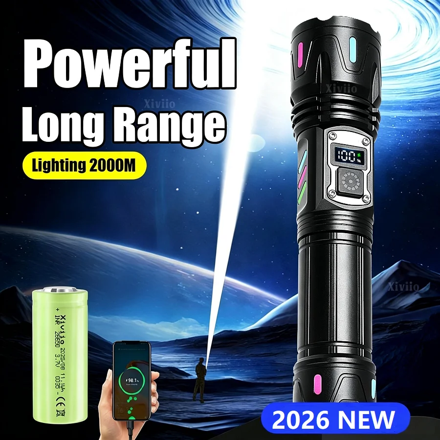 2026 HighPower LED Flashlight 9800000LM Strong Light Tactical Torch Rechargeable Portable Lamp Outdoor Emergency Camping Lantern