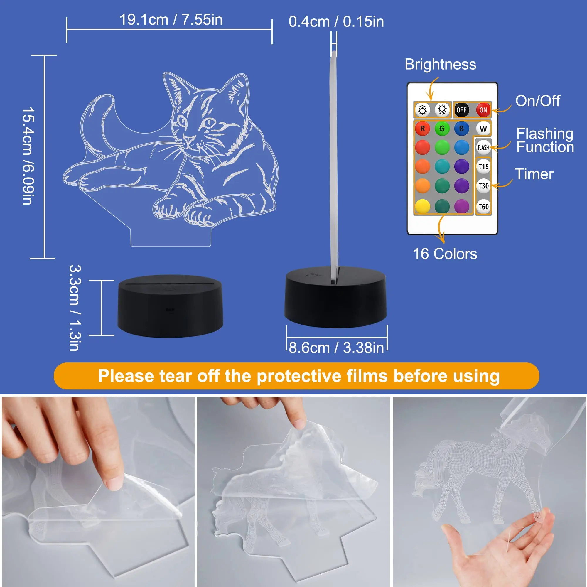 Luz de noche de gato, lámpara 3D para mascotas, luz de gatito con Control remoto de 16 colores, regalo de vacaciones de cumpleaños para amantes de