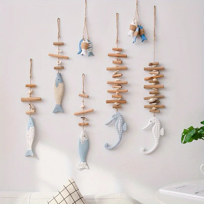 1PC Fish String Wooden Fish Sea Pendant for Decor Fish Skewers Wood Carving Pendant Fish Hanging Decor