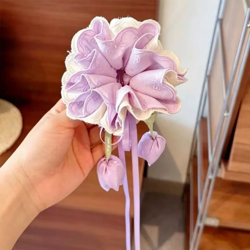 Floral Tulip Hair Scrunchie Multicolor Elastic Ribbon Hair Tie Sweet-style Handmade-feel Bun Maker Photo Props