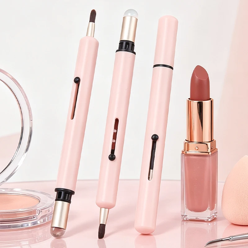 2 In 1 Retractable Lip Brush Dual Head Silicone & Bristle Lip Applicator Portable Slide Type Lip Lining Blending Cosmetic Brush