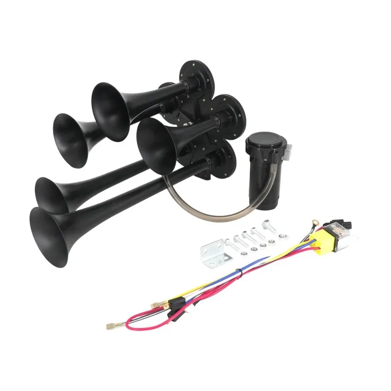 [NEW!ABKG】 Train Horns Kit, 12V 130Db Super Loud Air Horn Kit(5 Trumpets), Includes Compressor For Pickup Truck For Car Trucks