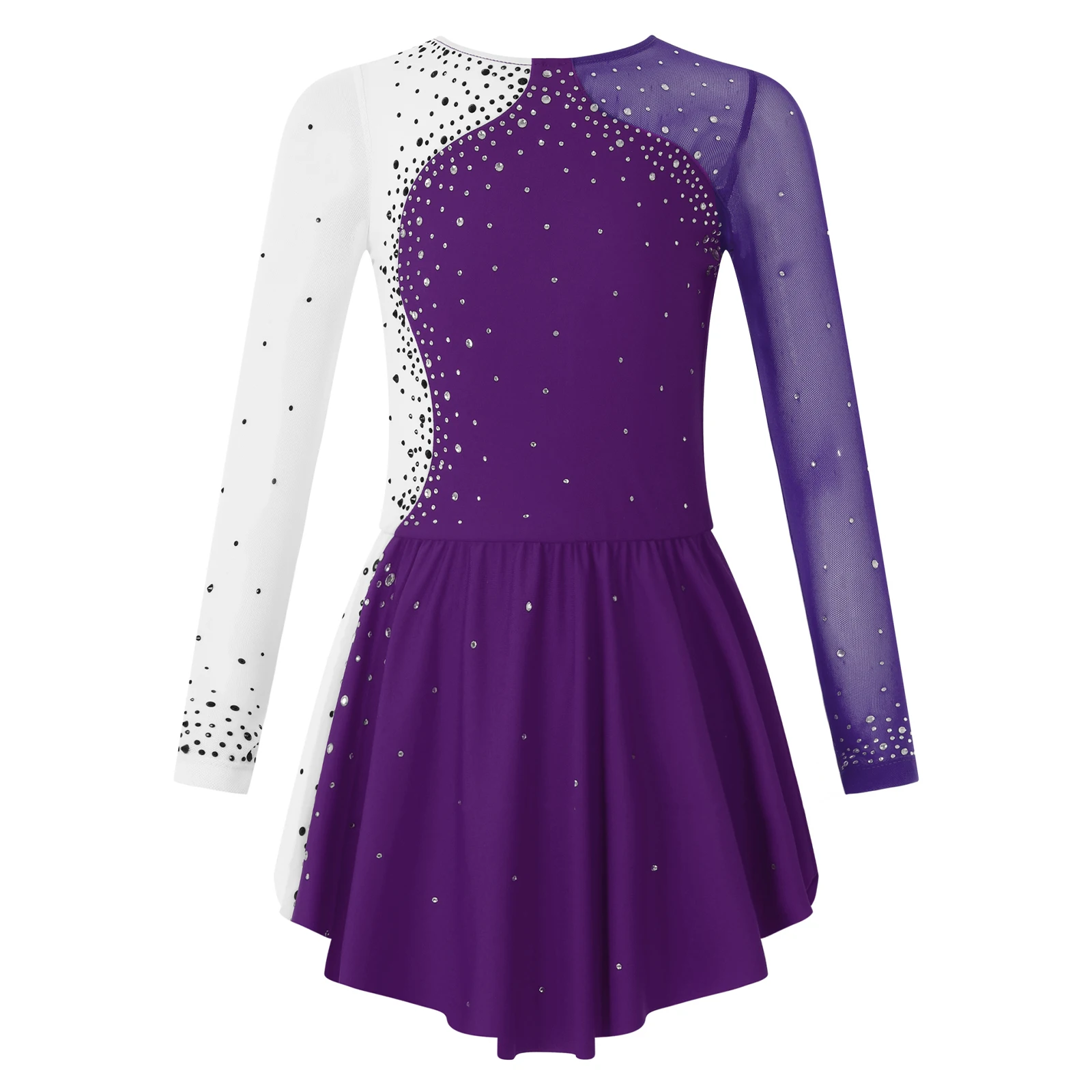 Girls Figure Ice Skating Dress Ballet Dance Gymnastics Leotard Tutu Long Sleeve Shiny Rhinestone Splice Roller Dresses Dancewear