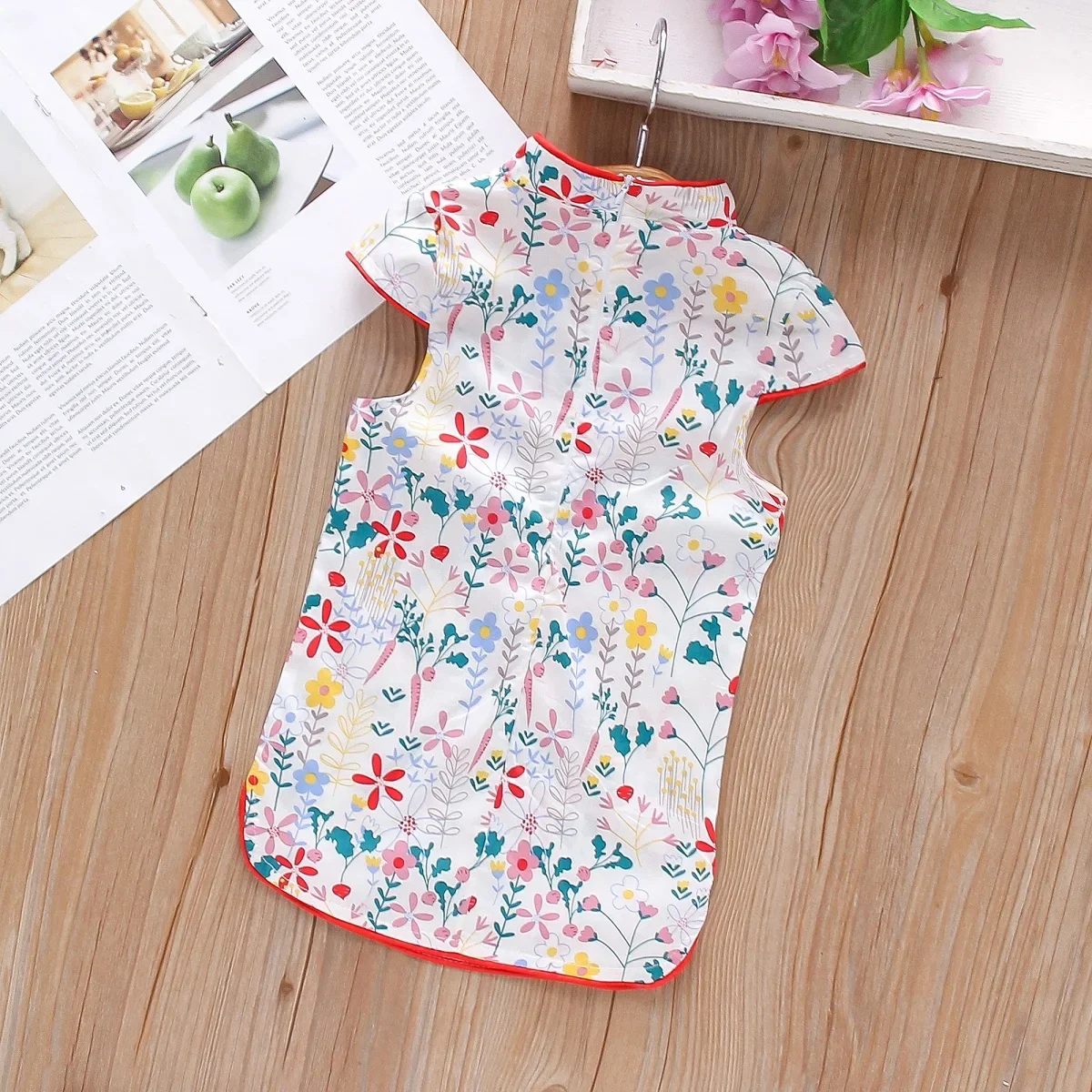 Summer Girls\' Dress New Style Style Standing Neck Flower Button Carrot Print Full Short Sleeve Qipao