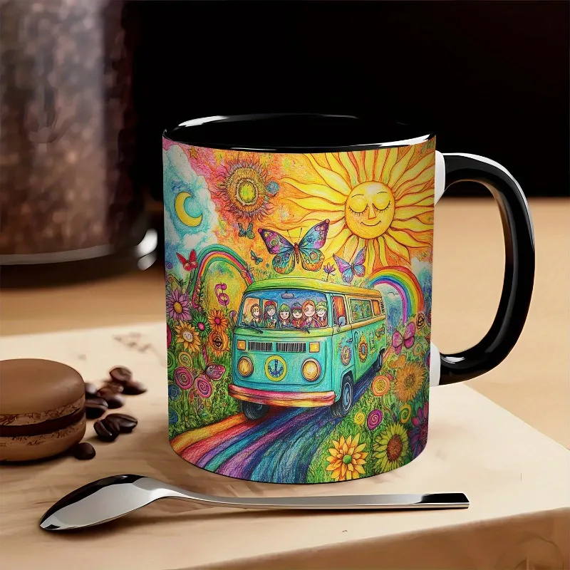 Vintage Hippie Style Ceramic Coffee Cup, Double-Sided Printed Vibrant Sun Moon Butterfly Flower Designs, Creative Birthday Gift