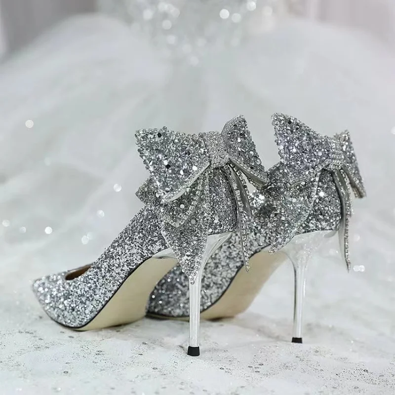 Buty dla kobiet 2022 wysokie obcasy buty ślubne ślub panny młodej sukienki dla motyla szpilki Rhinestone Pointed Toe obcasy srebrne