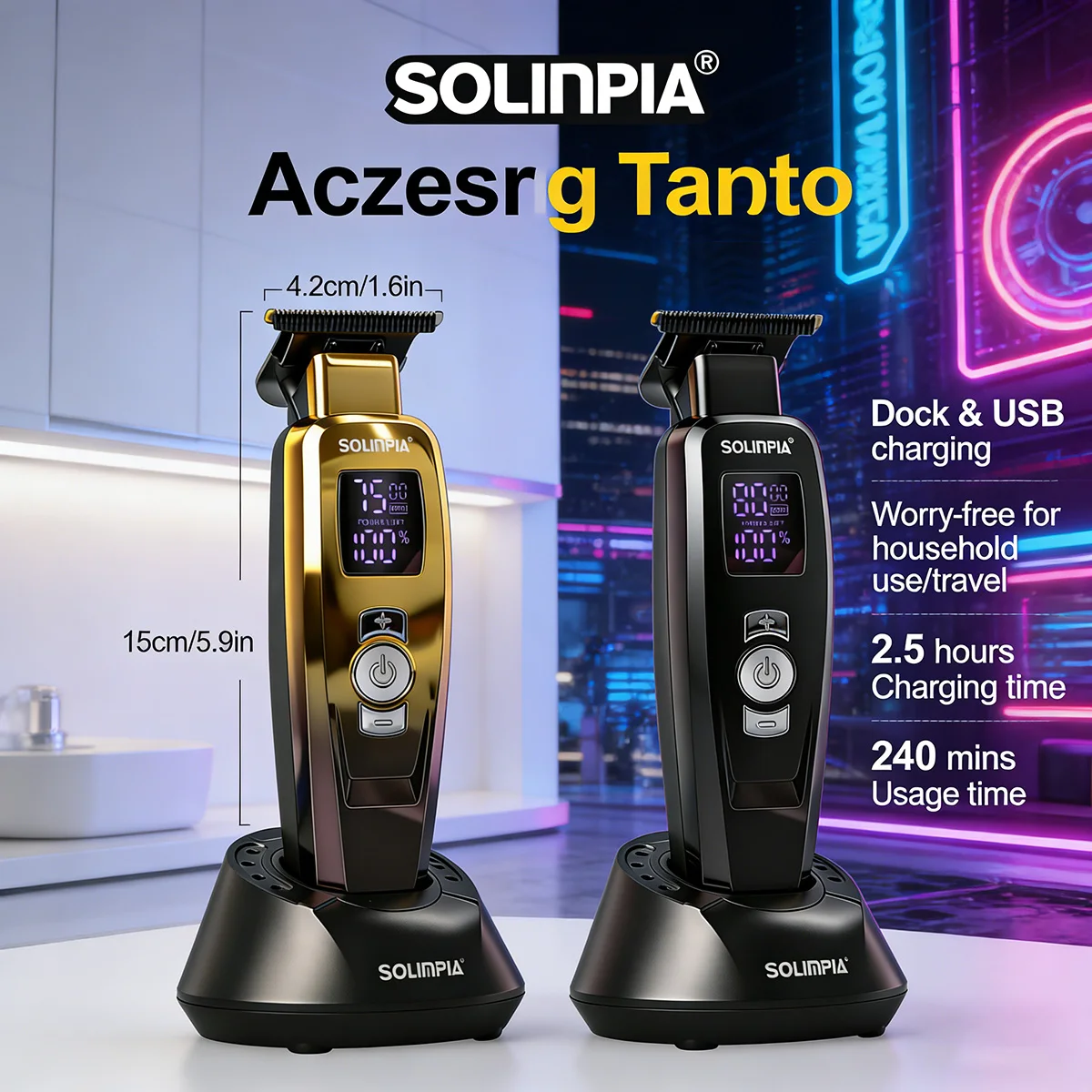 Máquina de Cortar Cabelo Profissional para Barbeiro 7500RPM com Lâmina DLC, Aparador Elétrico para Acabamento e Corte de Precisão com Base de Carregamento HT-685