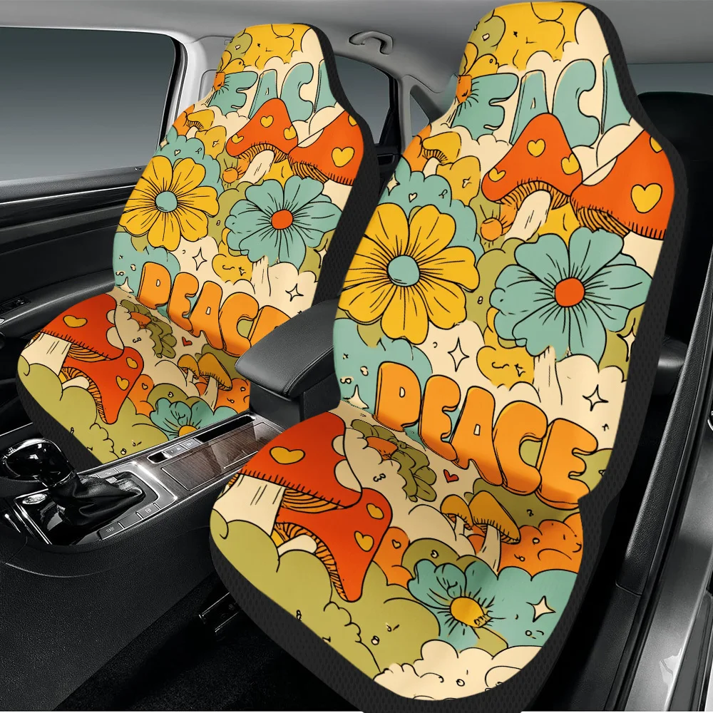 2pcs Peaceful Flowers And Mushrooms Print Car Seat Covers – Fit For Cars, Trucks, Vans, And SUVs | Durable Front Seat Protector