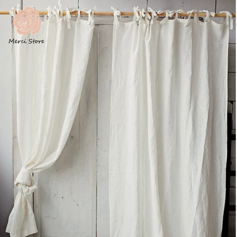 

Pure Linen White Sheer Curtain, Semi Transparent Voile Tie Top Pocket Curtain for Bedroom Living Room Sliding Door