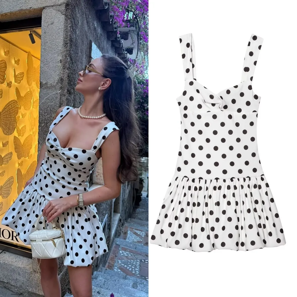 2025 new summer products women's balloon version of the hem polpok print dress lovely strap sleeveless dress