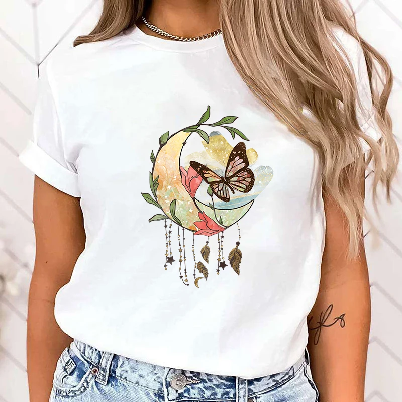 (Premium T-shirt)Fashion Butterfly Dreamcatcher Print T-Shrits For Women Summer Short Sleeve Round Neck Cute Loose T-Shirt tops