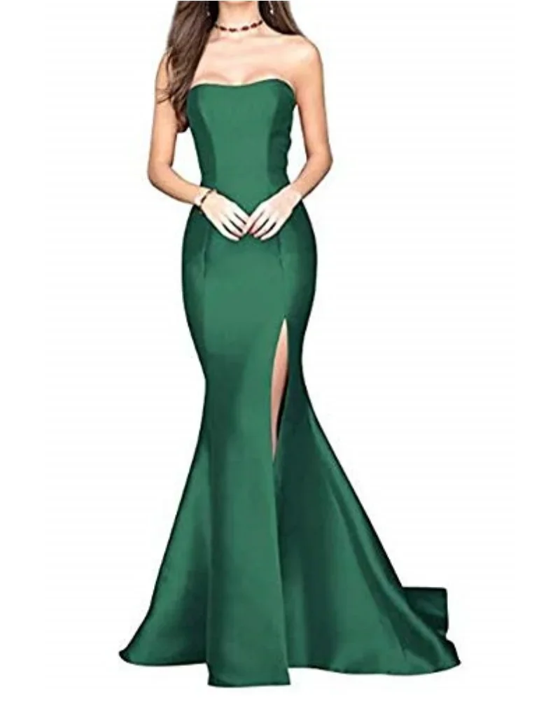 Elegante Lichtgele Zeemeermin Strapless Lange Satijnen Bruidsmeisjesjurk Met Lange Trein Zijsplit Midi Prom Dress Trouwfeestjurken