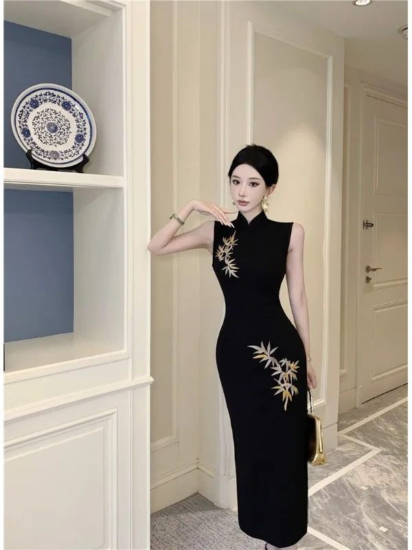 

Элегантное женское летнее платье-ципао с высоким разрезом, вышивкой, приталенным силуэтом, принтом бамбуковых листьев, дышащее, модное