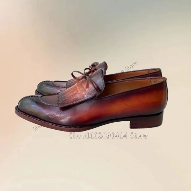 Borlas marrons artesanais masculinas, Decoração de nó arco, Mocassins de costura, Deslizamento sobre sapatos, Luxo, Festa de festa, Escritório, Sapatos de vestido, Moda