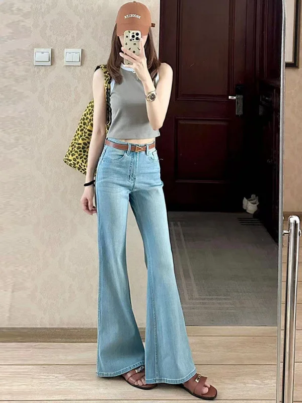 

Light Color Silk Wide Leg Jeans Women's Summer Thin Ruffle High Waist Loose Fit Soft Comfortable Stone Washed Ladies Jeans