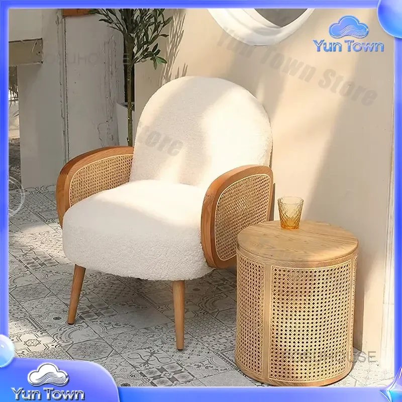 for Nordic Designer Rattan Single Sofa for Living Room Balcony Leisure Armchair Modern Wooden Sofa Chair Fabric Home