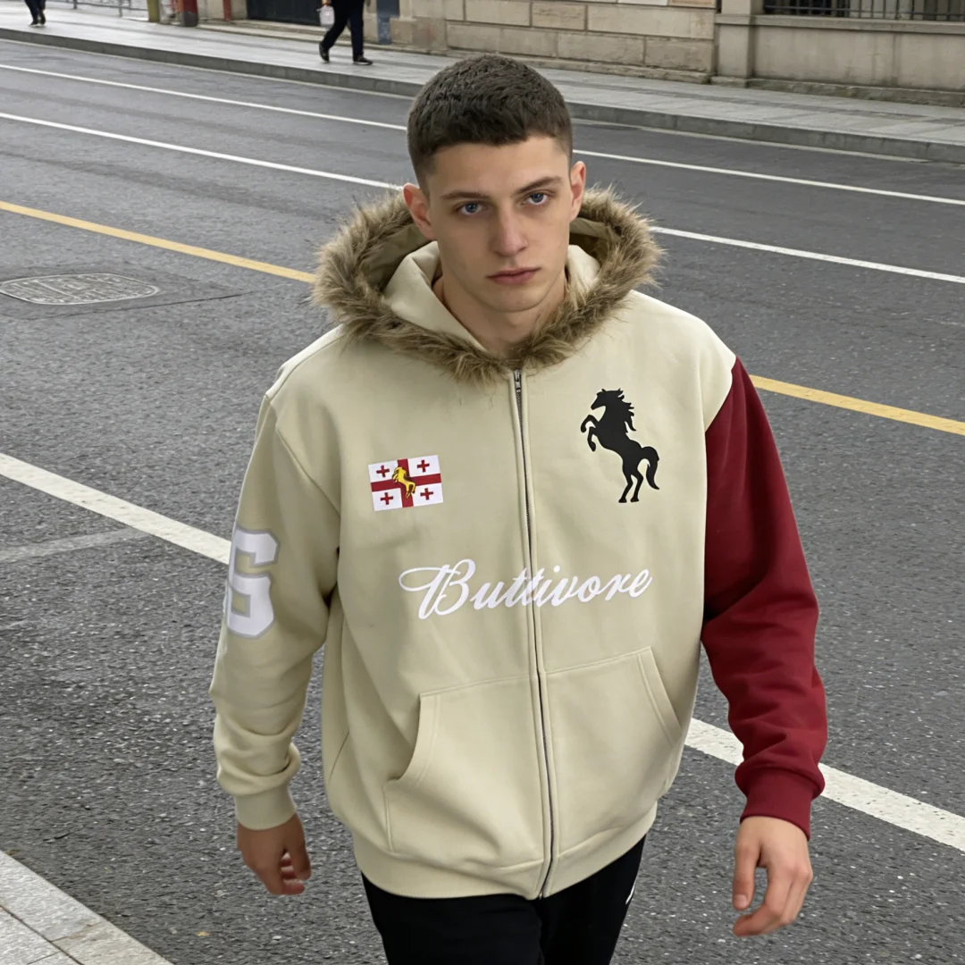 

Осенне-зимняя толстовка в стиле ретро Y2K для мужчин и женщин, дизайнерская, с цветными блоками, персонализированная, модная, брендовая, с меховым воротником и капюшоном