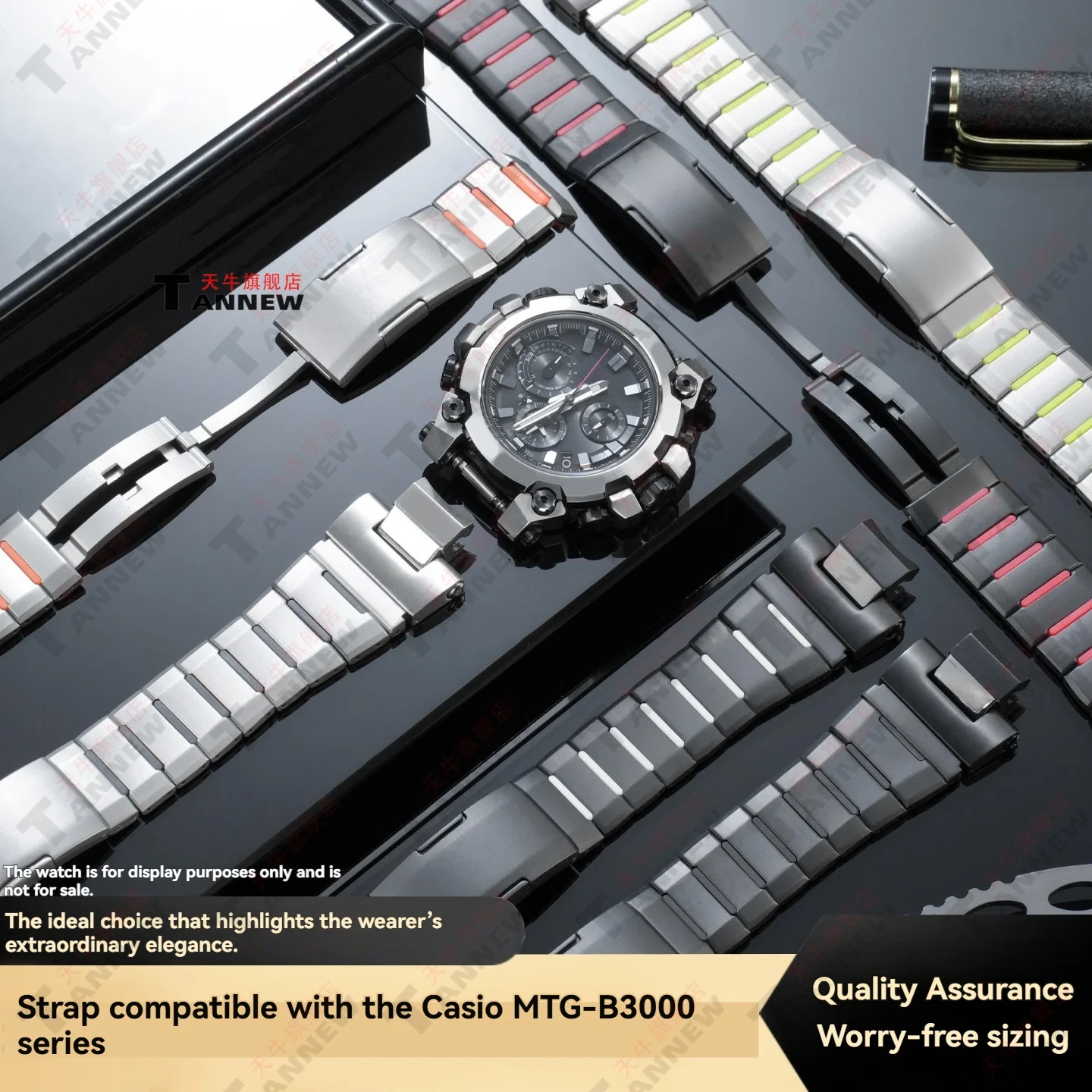 Composite Stainless Steel & Soft Silicone Strap for Casio G-Shock MTG-B3000 Series One-Push Quick Release Replacement Sport Band