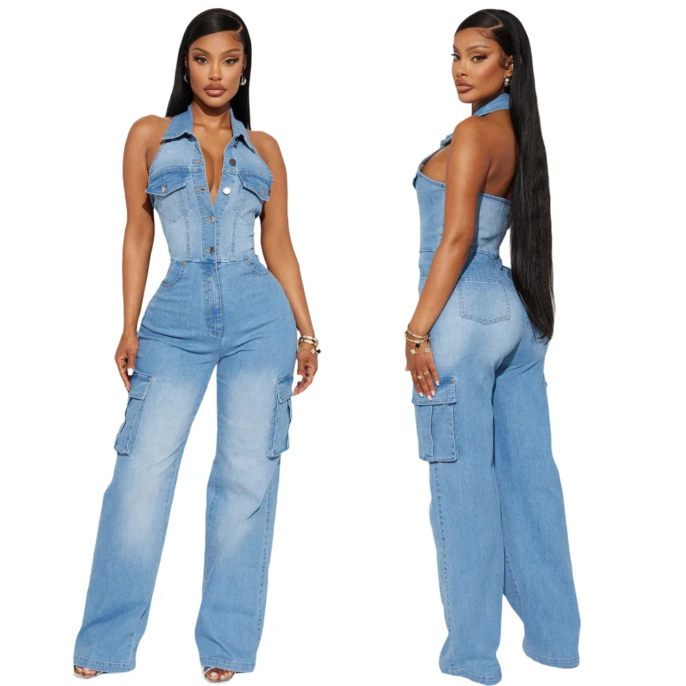 Women's Denim Jumpsuit - One-Piece Turn-Down Collar Sleeveless Overalls, Slim Fit Wide Leg Long Pants