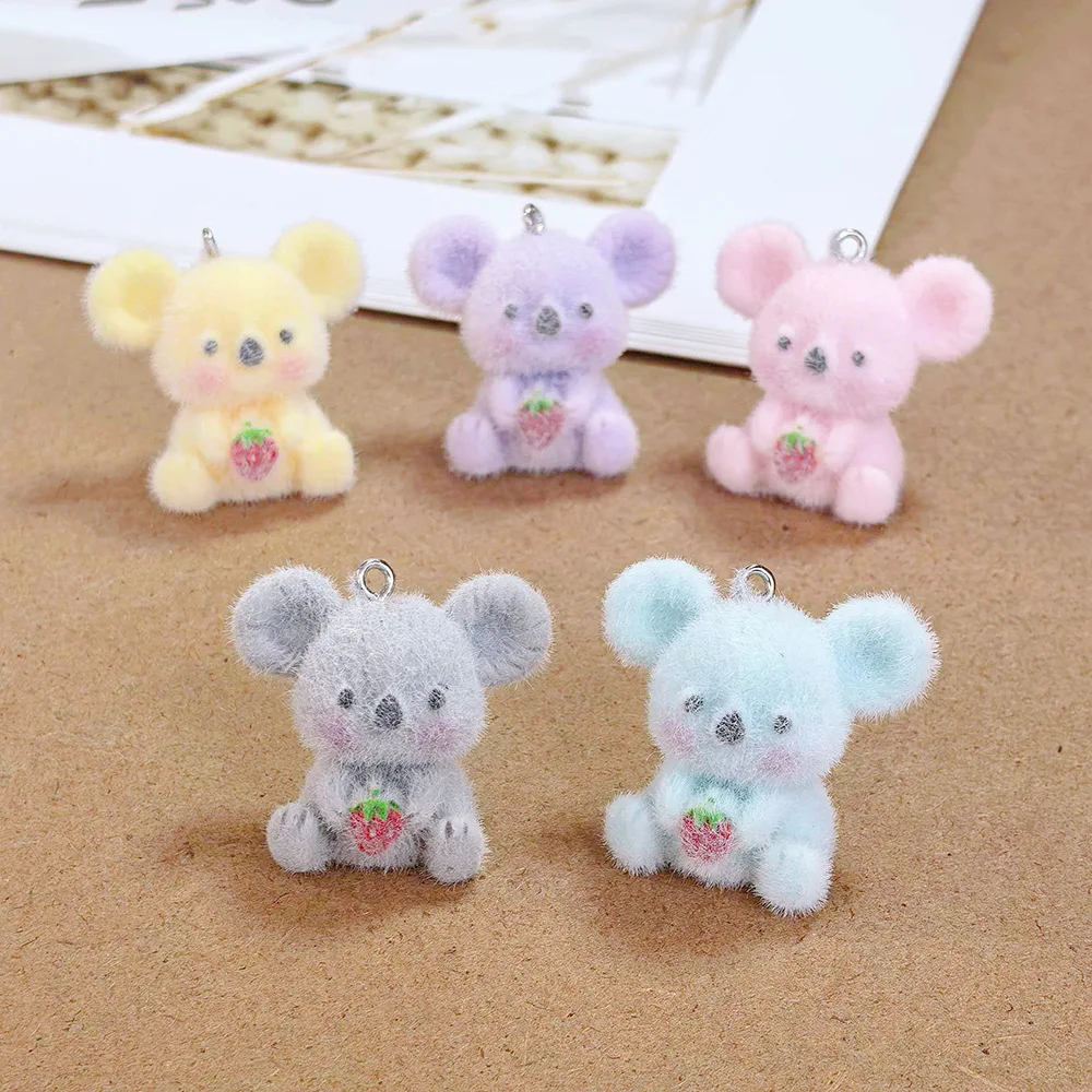 30Pcs Kawaii Fluffy Strawberry Koala Resin Charms 3D Flocked Animals Keychain Pendants for Jewelry Making DIY Earrings Necklace