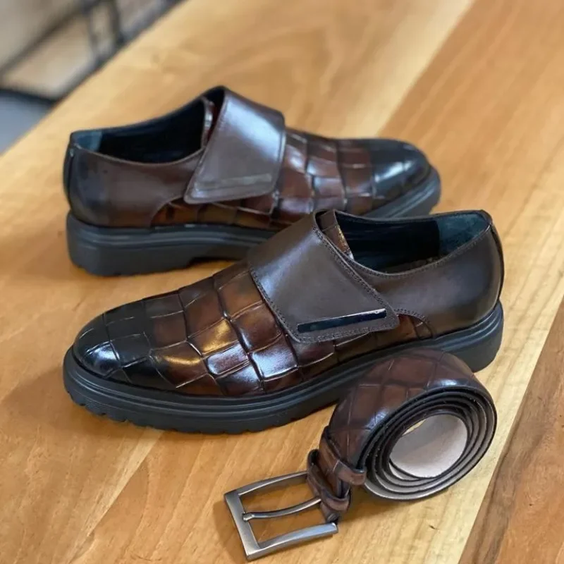 New Brown Loafers Buckle Strap Round Toe Shoes for Men Wedding Black Pu Men Dress Shoes Size 38-46