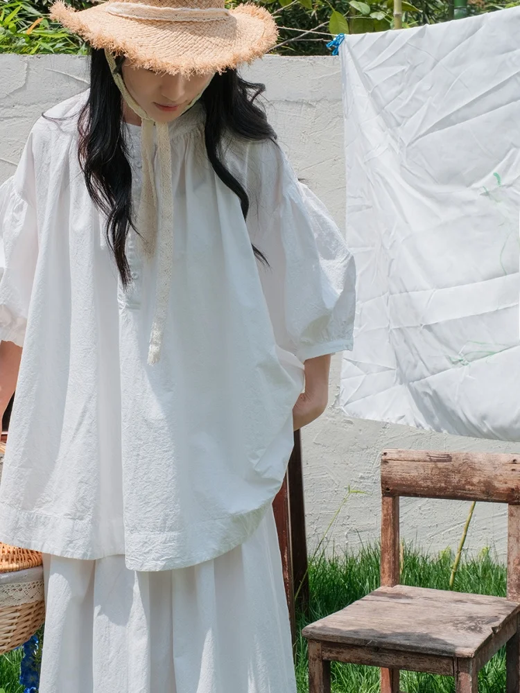 

Loose Long Sve round Ne White irt Women's Sle Japanese Artistic mid Sve irt Cotton Bubble Sve Thin Cotton irt
